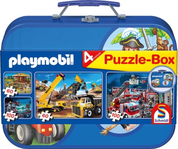 Schmidt 55599 Playmobil, Puzzle-Box blau, 2x60, 2x100 Teile Puzzle-Box im Metallkoffer