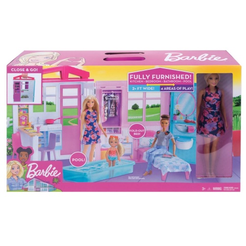 Mattel FXG55 Barbie Ferienhaus mit Möbeln und Puppe